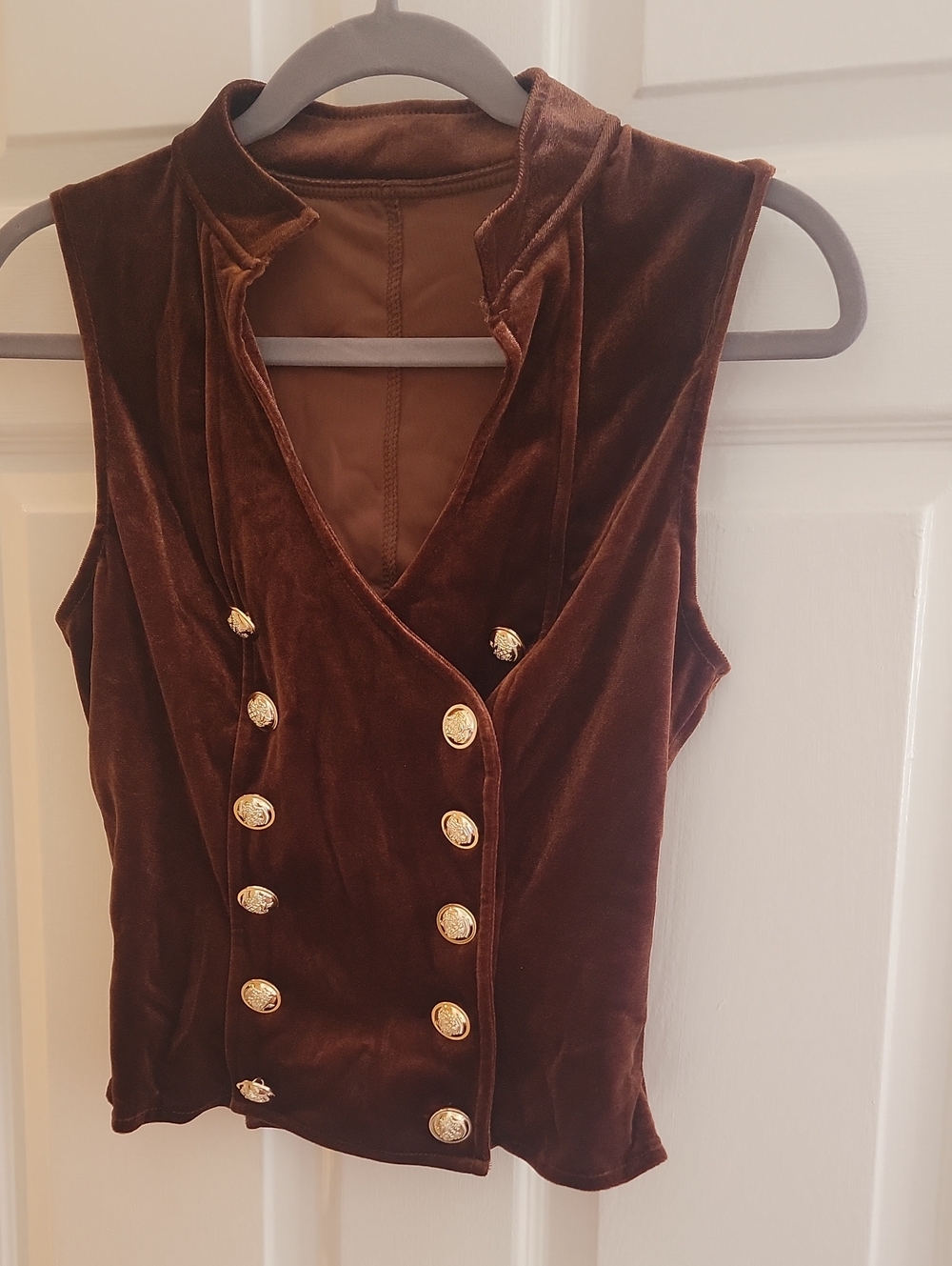Velvet Sleeveless Double-Breasted Top - Brown New Without Tags